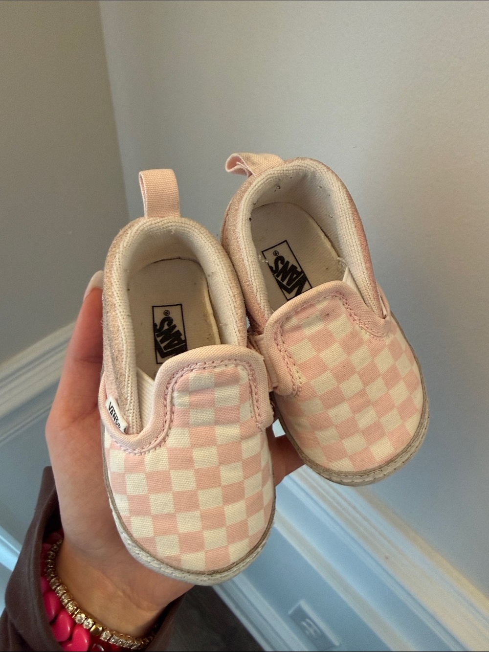 Vans Kids Slip-On Checkerboard Shoes in Light Pink and White